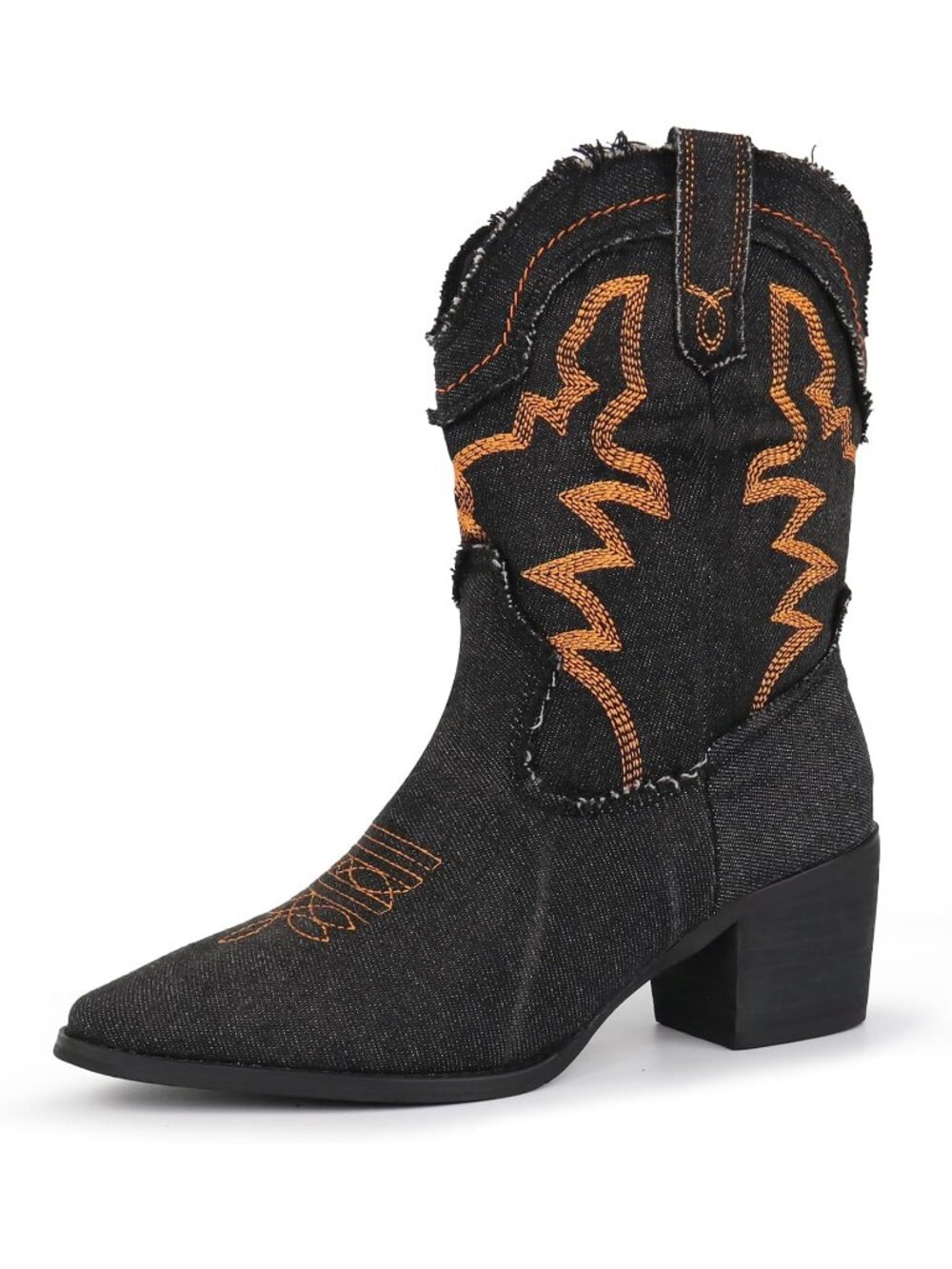 Women’s Black Embroidered Western Ankle Booties Pointed Toe Chunky Block Heel